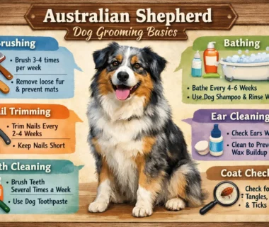 Australian Shepherd with a healthy, brushed coat being groomed at home