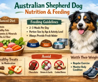 Australian Shepherd dog eating a balanced meal with healthy kibble and vegetables