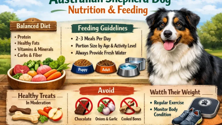 Australian Shepherd dog eating a balanced meal with healthy kibble and vegetables