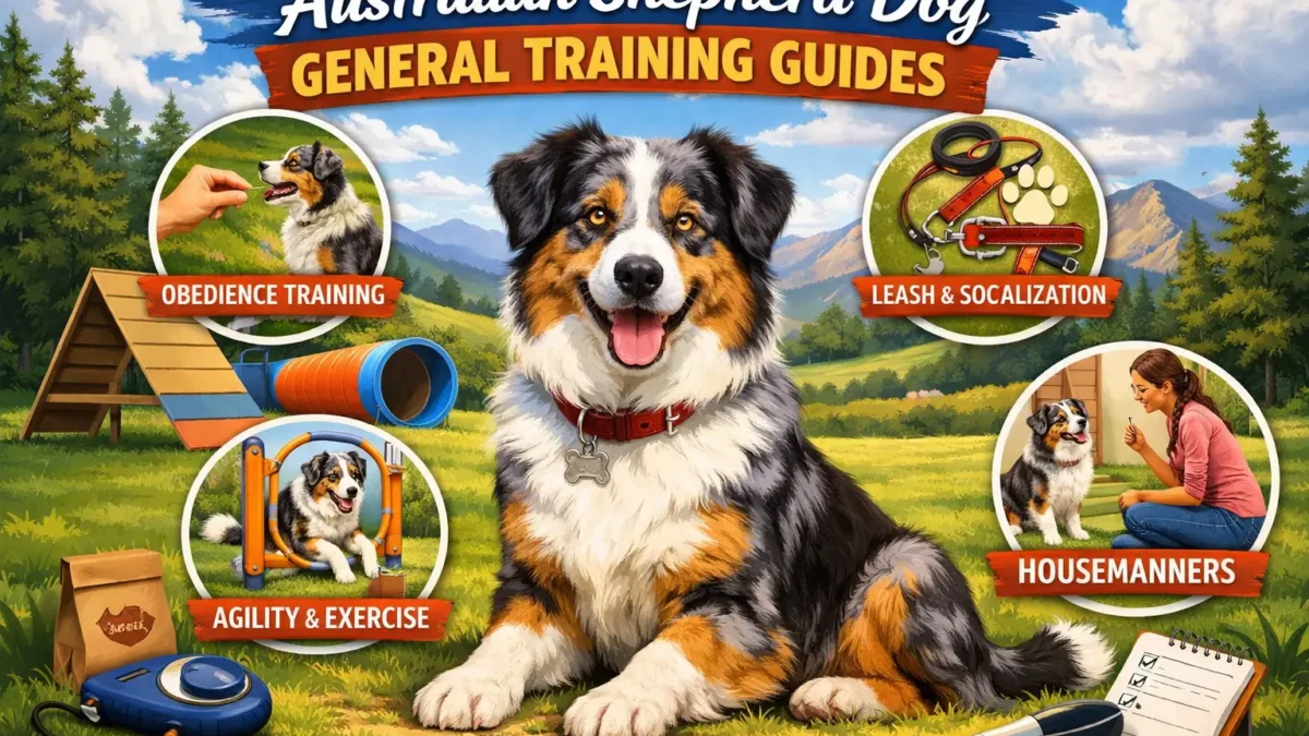 Australian Shepherd dog learning basic commands with owner during training session.