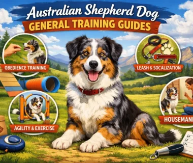 Australian Shepherd dog learning basic commands with owner during training session.