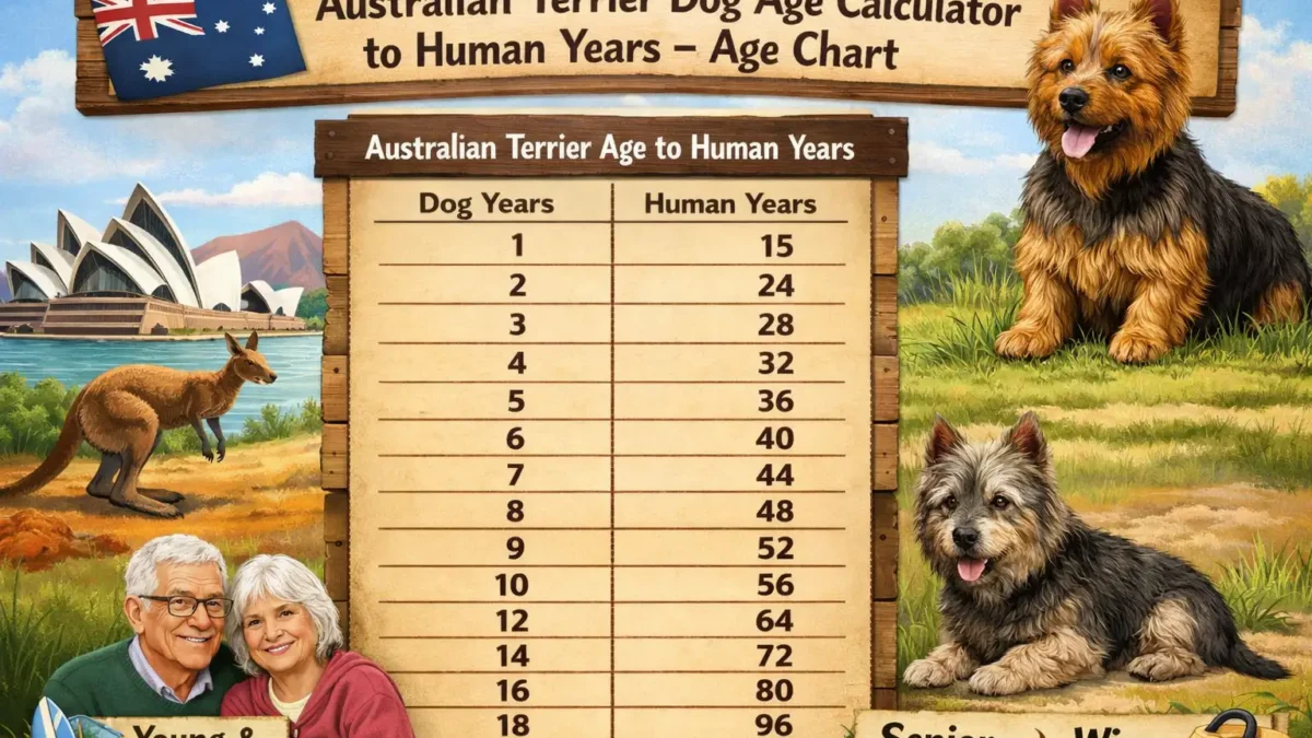 Australian Terrier age calculator showing dog years to human years with a small, sturdy Australian Terrier standing alert