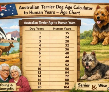 Australian Terrier age calculator showing dog years to human years with a small, sturdy Australian Terrier standing alert