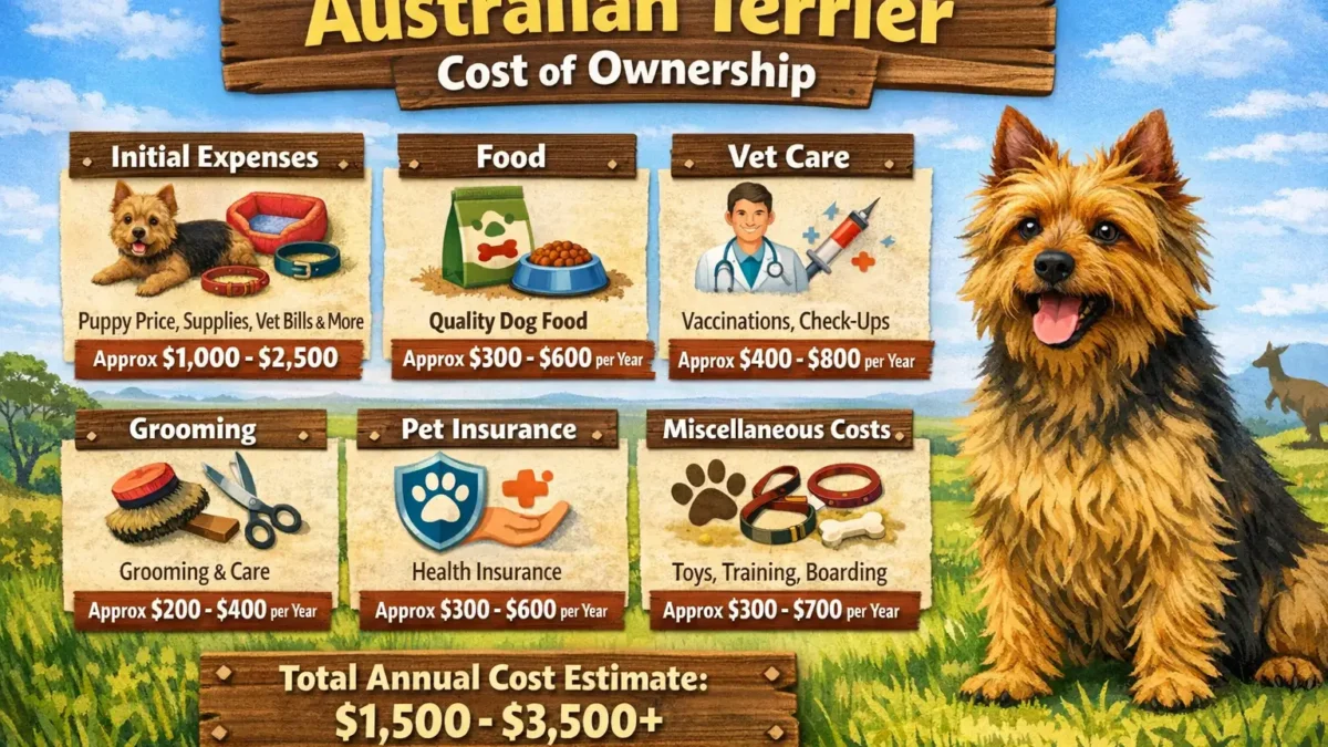 Australian Terrier cost of ownership illustrated with a small, sturdy terrier standing alert outdoors