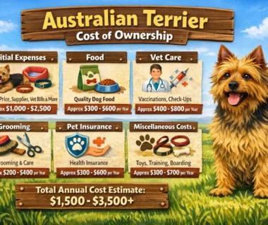 Australian Terrier cost of ownership illustrated with a small, sturdy terrier standing alert outdoors