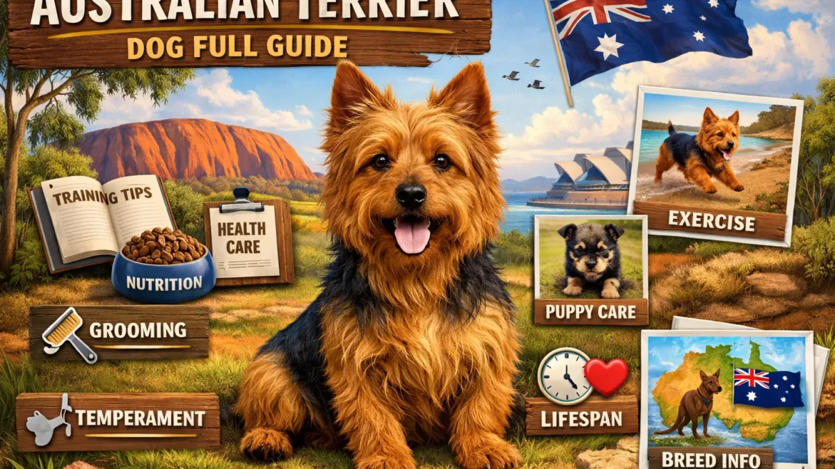 Australian Terrier dog standing alert, showing its rough coat, compact size, and confident terrier expression