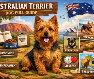 Australian Terrier dog standing alert, showing its rough coat, compact size, and confident terrier expression