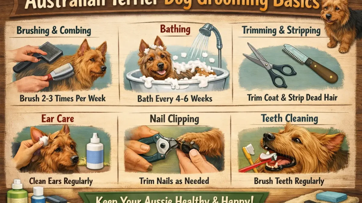Australian Terrier grooming showing a wiry-coated adult dog being brushed at home