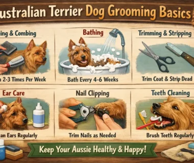 Australian Terrier grooming showing a wiry-coated adult dog being brushed at home