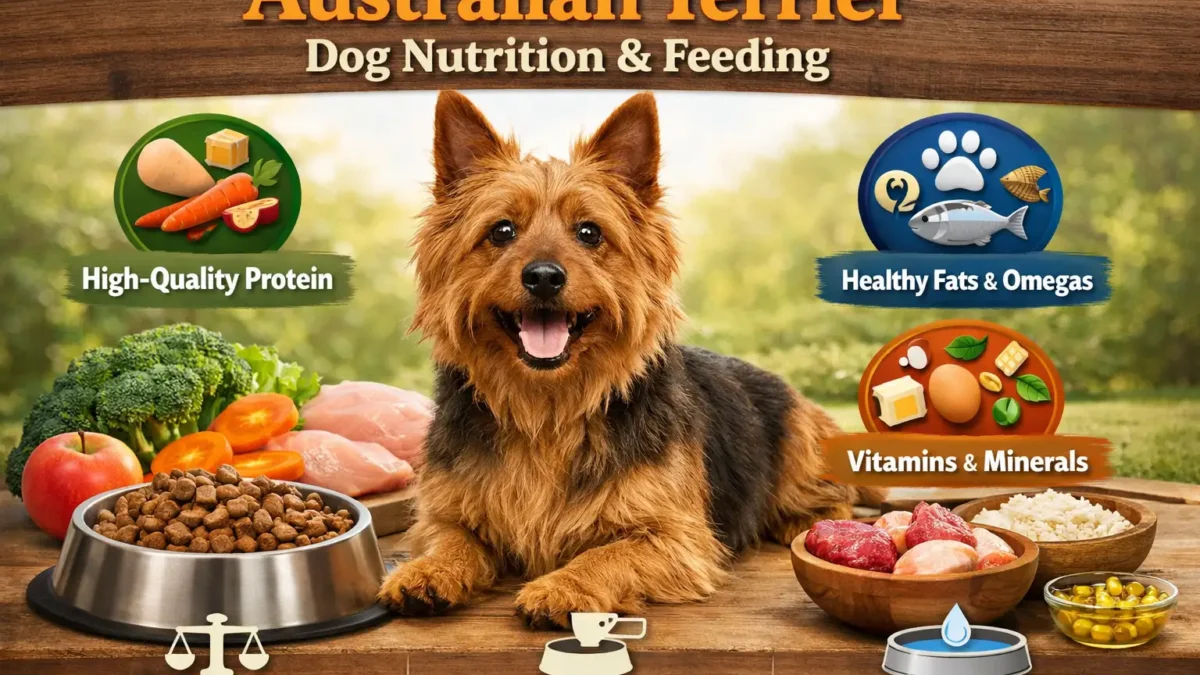 Australian Terrier nutrition guide showing a small, wiry-coated terrier eating a balanced meal