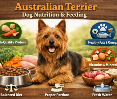 Australian Terrier nutrition guide showing a small, wiry-coated terrier eating a balanced meal