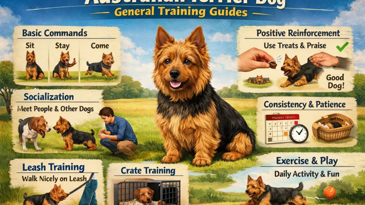 Australian Terrier training guide showing an alert, small terrier learning basic obedience outdoors