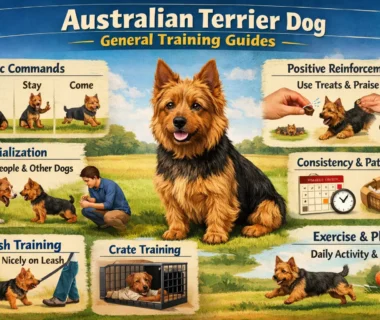 Australian Terrier training guide showing an alert, small terrier learning basic obedience outdoors