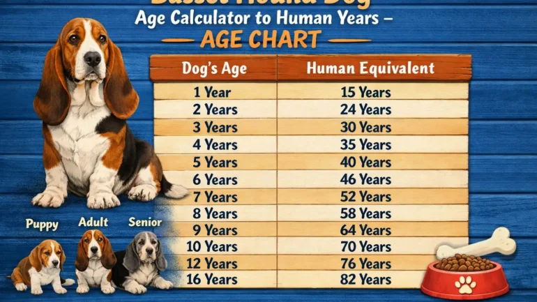 Basset Hound adult dog showing typical long ears and low body used for age calculator and life stage guide