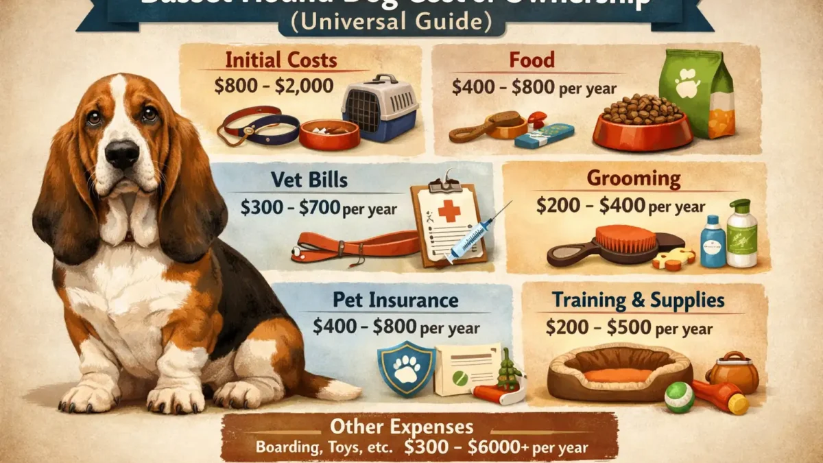 Basset Hound adult dog standing outdoors, showing long ears and sturdy body, representing the cost of ownership guide