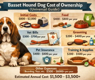 Basset Hound adult dog standing outdoors, showing long ears and sturdy body, representing the cost of ownership guide