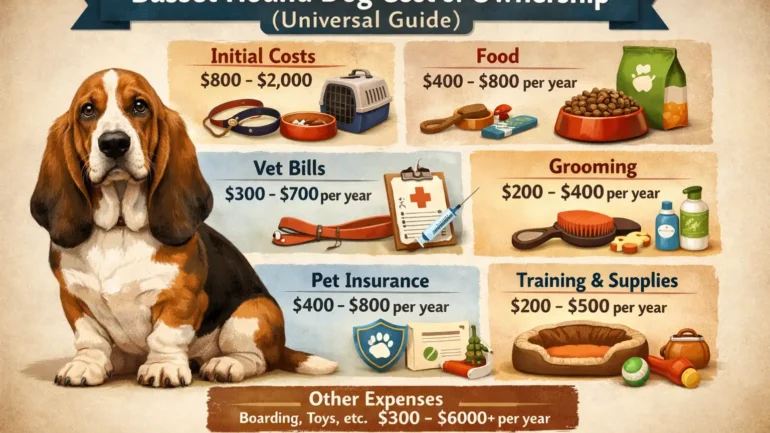 Basset Hound adult dog standing outdoors, showing long ears and sturdy body, representing the cost of ownership guide