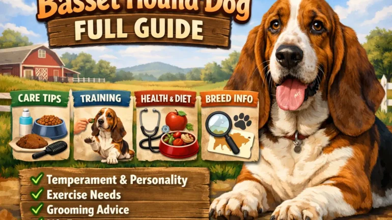 Basset Hound dog standing outdoors showing long ears, short legs, and calm temperament