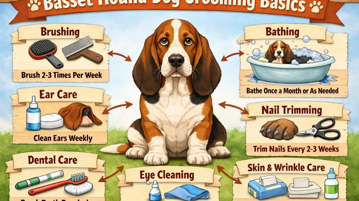 Basset Hound grooming basics showing an adult Basset Hound being brushed at home with a short coat