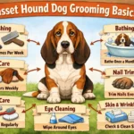 Basset Hound grooming basics showing an adult Basset Hound being brushed at home with a short coat