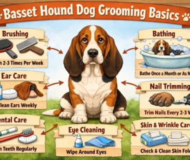 Basset Hound grooming basics showing an adult Basset Hound being brushed at home with a short coat