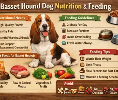 Adult Basset Hound eating a measured meal, showing proper nutrition and portion control