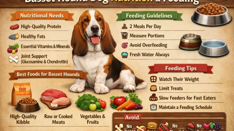 Adult Basset Hound eating a measured meal, showing proper nutrition and portion control