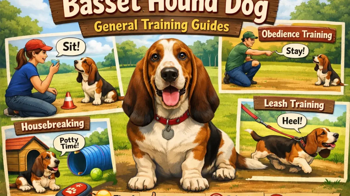 Basset Hound training with an adult Basset Hound calmly focusing on its owner during a short reward-based session