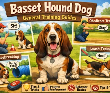 Basset Hound training with an adult Basset Hound calmly focusing on its owner during a short reward-based session