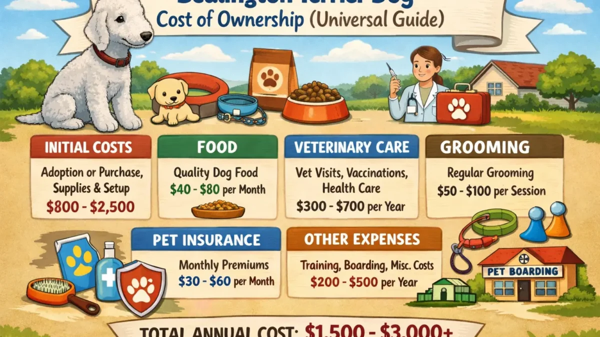 A Bedlington Terrier standing on grass, showcasing its curly, wool-like coat, highlighting the costs and care required for this unique breed.