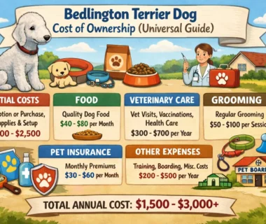 A Bedlington Terrier standing on grass, showcasing its curly, wool-like coat, highlighting the costs and care required for this unique breed.