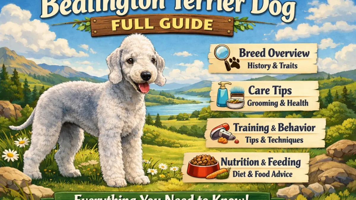 "Bedlington Terrier dog with curly coat and lamb-like appearance, known for its friendly temperament and hypoallergenic coat."