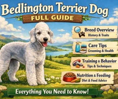 "Bedlington Terrier dog with curly coat and lamb-like appearance, known for its friendly temperament and hypoallergenic coat."