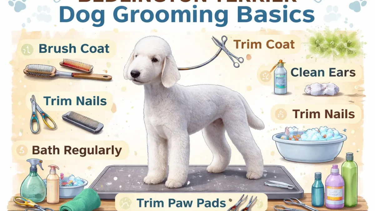 A Bedlington Terrier with a curly, woolly coat being groomed to maintain its signature look.