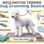 Bedlington Terrier being groomed with its curly coat brushed and trimmed to maintain a healthy, neat appearance.