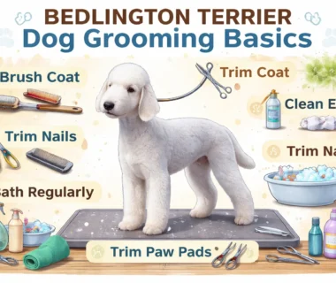 A Bedlington Terrier with a curly, woolly coat being groomed to maintain its signature look.