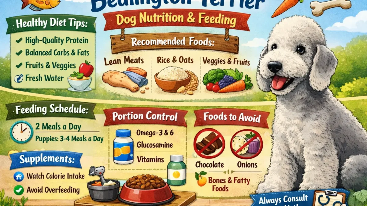 A healthy Bedlington Terrier enjoying a balanced meal, showcasing its unique coat and energetic personality.