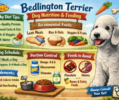 A healthy Bedlington Terrier enjoying a balanced meal, showcasing its unique coat and energetic personality.
