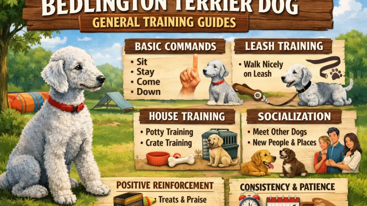 A well-behaved Bedlington Terrier following commands during training.