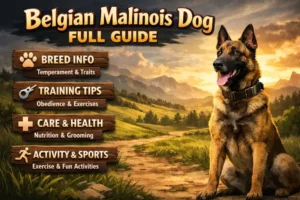 Adult Belgian Malinois dog standing alert outdoors, showing short fawn coat with black mask and athletic working-dog build