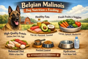 Belgian Malinois dog eating from a bowl, representing balanced nutrition for an active working breed