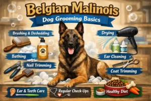 Belgian Malinois dog with short coat being brushed, showing low-maintenance grooming needs and healthy skin