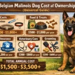 Belgian Malinois dog beside training gear and supplies, reflecting long-term care and ownership expenses