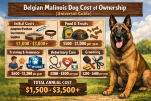 Belgian Malinois dog beside training gear and supplies, reflecting long-term care and ownership expenses