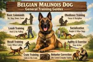 Belgian Malinois dog during obedience training, focused and responsive, highlighting intelligence and high-drive temperament