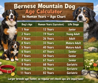 Bernese Mountain Dog age calculator showing adult Bernese Mountain Dog with black, brown, and white coat