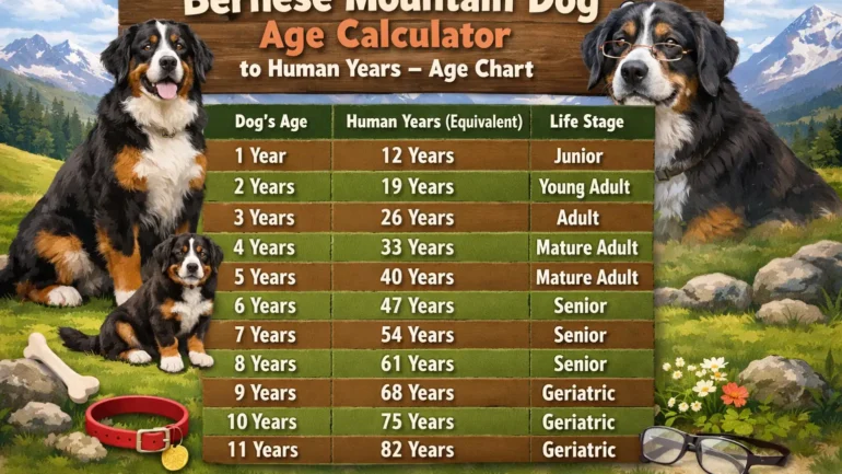 Bernese Mountain Dog age calculator showing adult Bernese Mountain Dog with black, brown, and white coat
