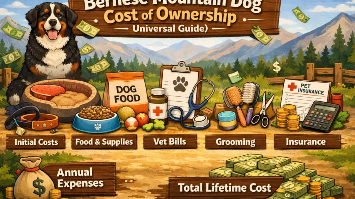 Bernese Mountain Dog cost of ownership showing a large tri-color Bernese Mountain Dog standing outdoors with a calm, friendly posture