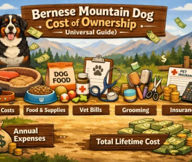 Bernese Mountain Dog cost of ownership showing a large tri-color Bernese Mountain Dog standing outdoors with a calm, friendly posture