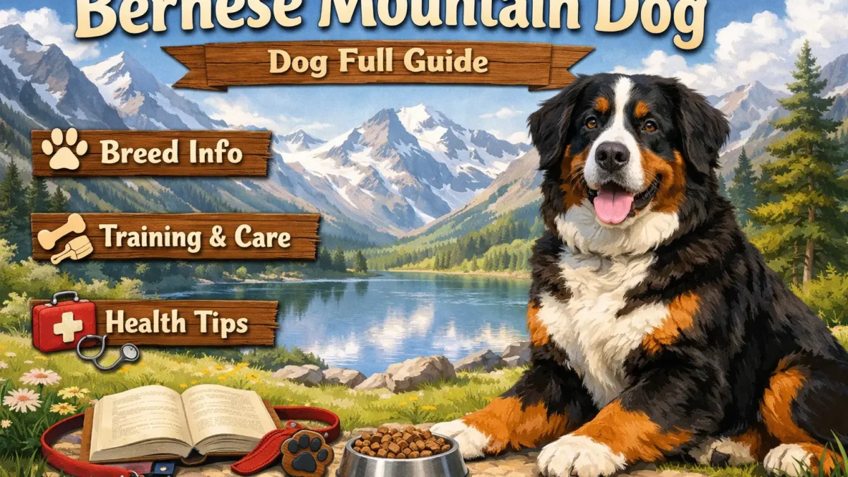 Bernese Mountain Dog with tricolor coat and calm demeanor.